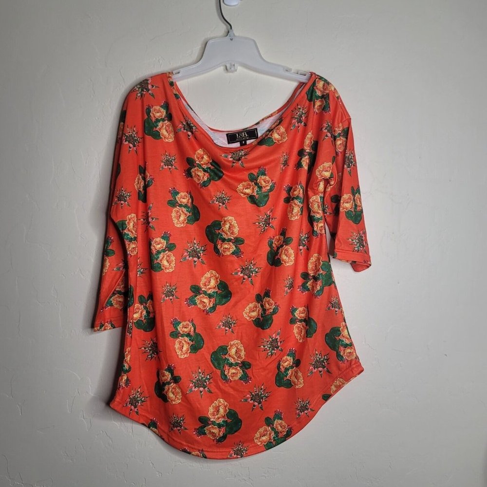 Lucky & Blessed L&B Long Sleeve S Top Orange Floral Cactus Poly Rayon Spandex